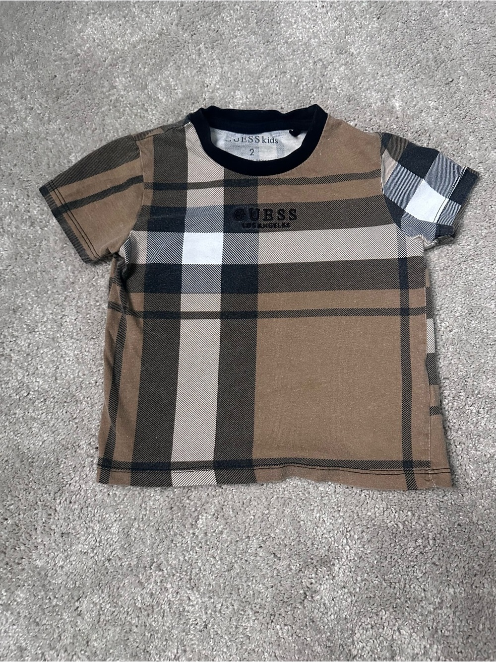 GUESS Kids Tan Plaid Short Sleeve Tee with Black Collar